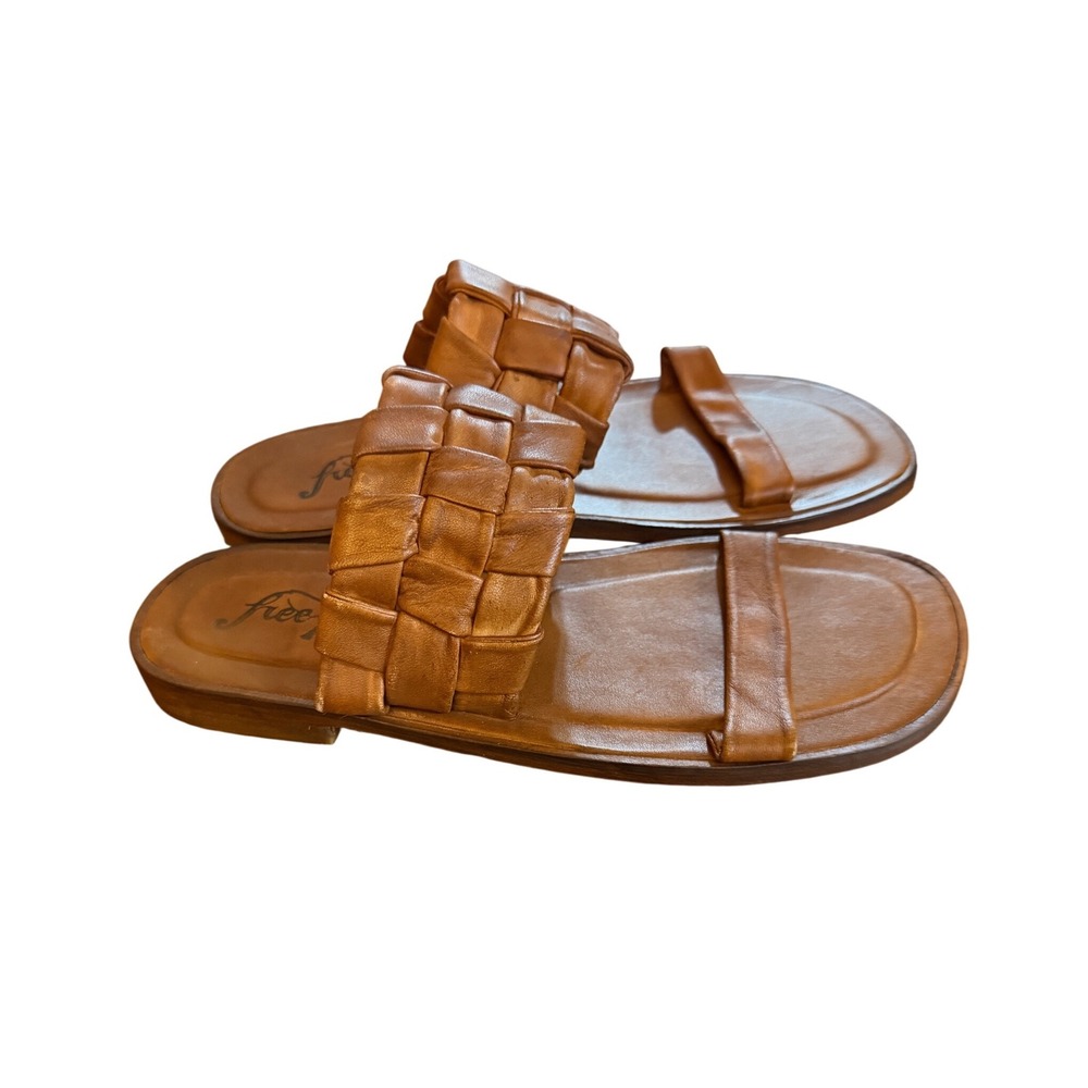 Free People Tan Woven Winding River Leather Slide Sandals Flat Size 38 US 8